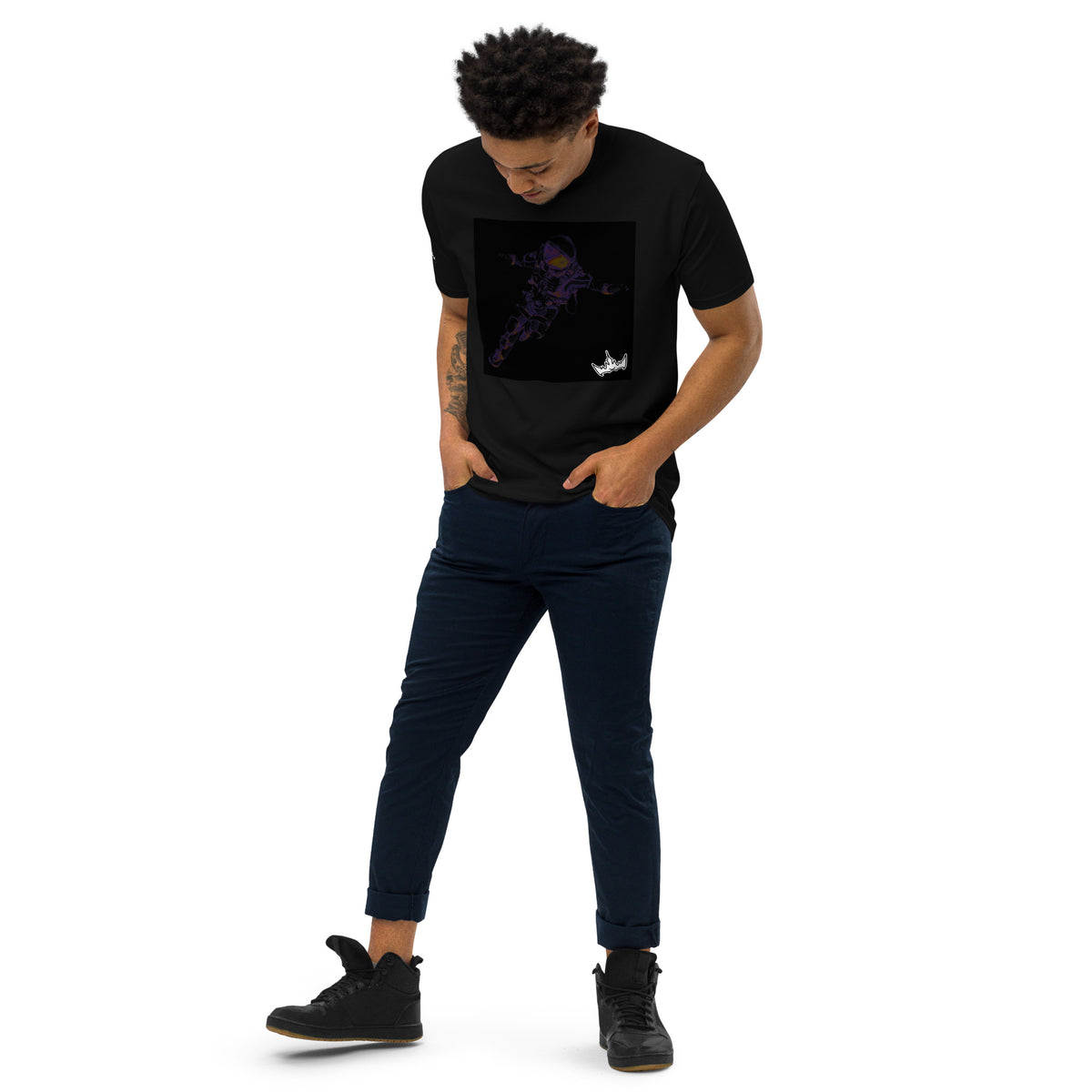 “INFINITE” & CROWN™ box logo & design print [men’s premium heavyweight tee] — Left-front view