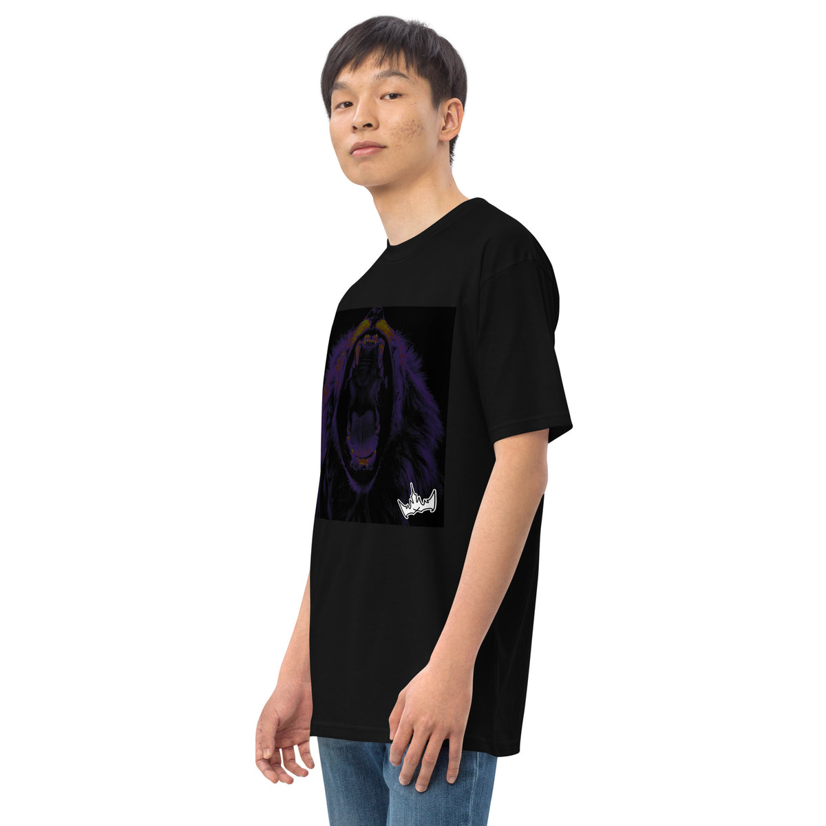 “FIRE” & CROWN™ box logo & design print [men’s premium heavyweight tee] — Left-front view