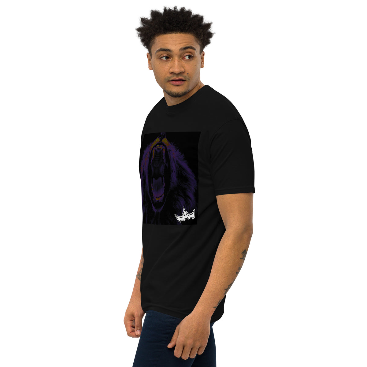 “FIRE” & CROWN™ box logo & design print [men’s premium heavyweight tee] — Left-front view