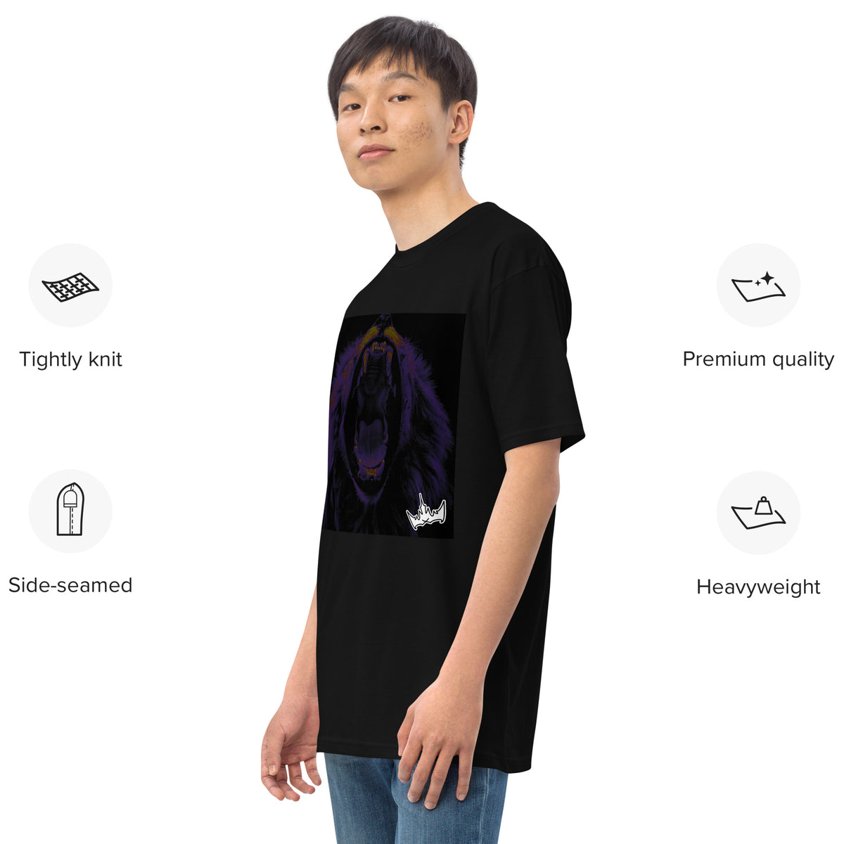“FIRE” & CROWN™ box logo & design print [men’s premium heavyweight tee] — Left-front view