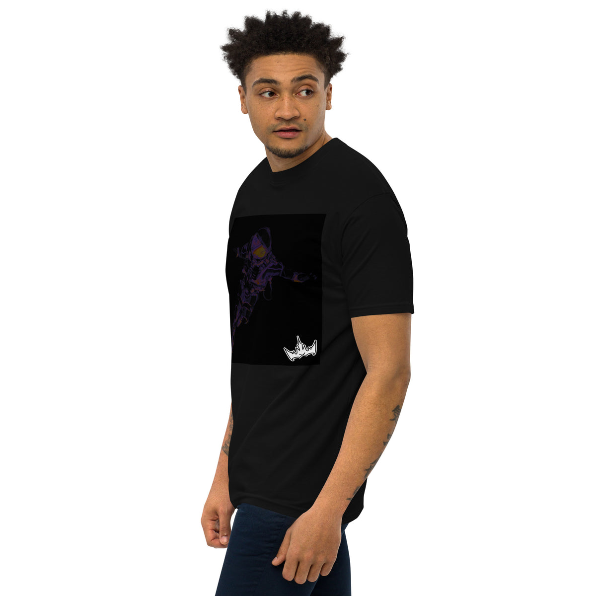 “INFINITE” & CROWN™ box logo & design print [men’s premium heavyweight tee] — Left-front view
