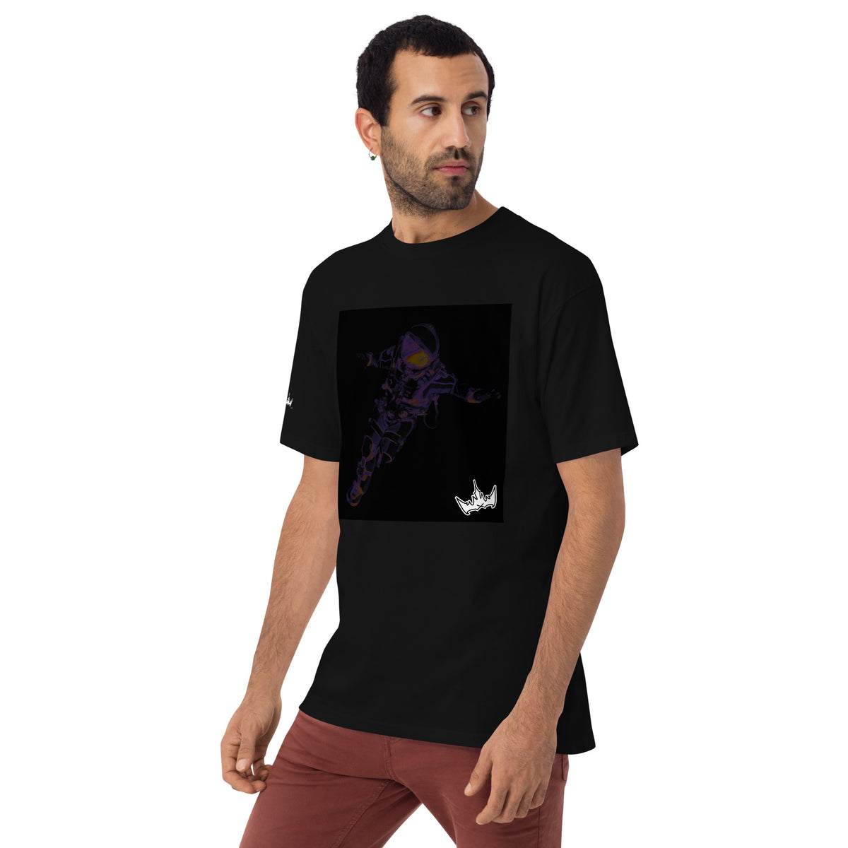 “INFINITE” & CROWN™ box logo & design print [men’s premium heavyweight tee] — Left-front view