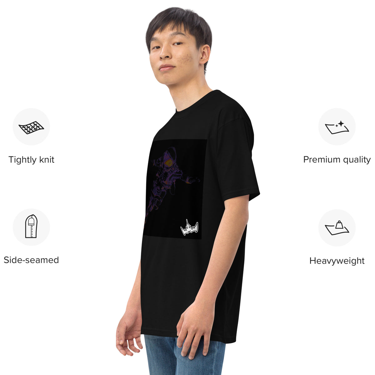 “INFINITE” & CROWN™ box logo & design print [men’s premium heavyweight tee] — Left-front view