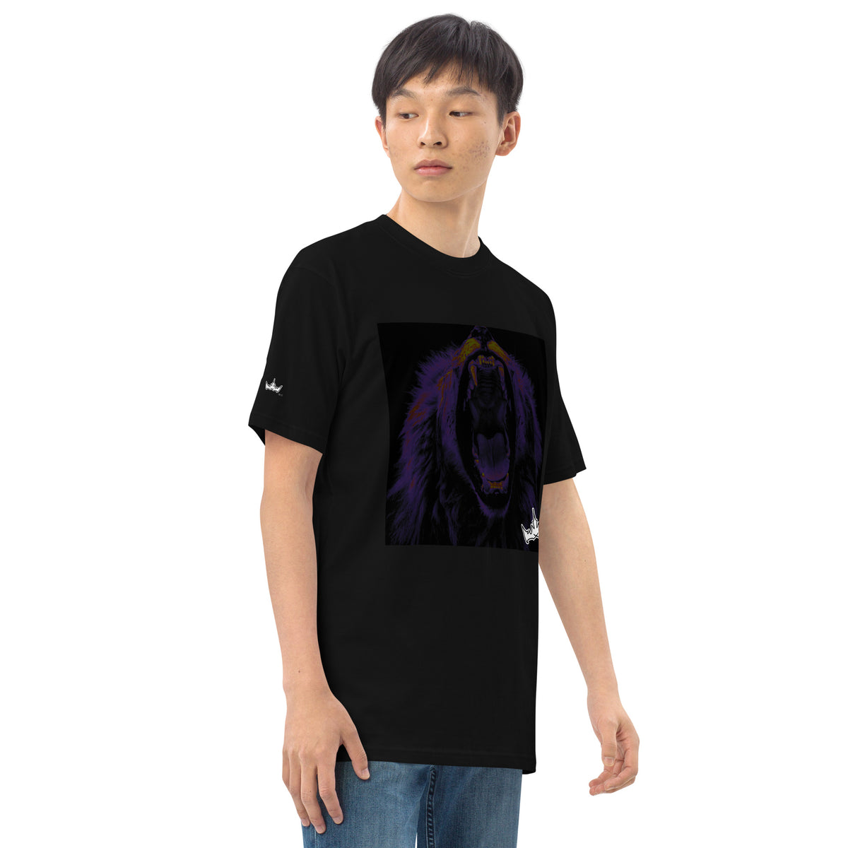 “FIRE” & CROWN™ box logo & design print [men’s premium heavyweight tee] — Right-front view