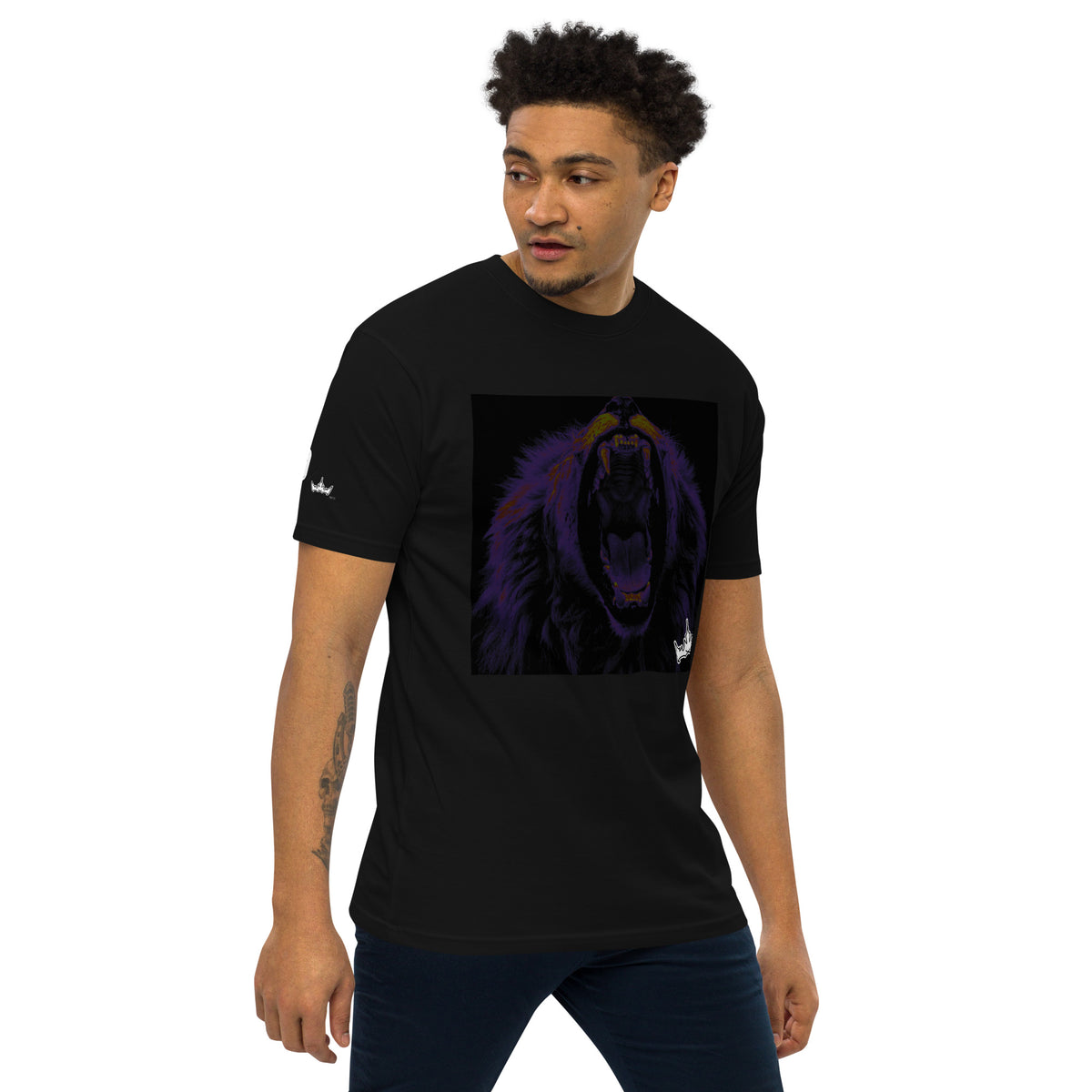 “FIRE” & CROWN™ box logo & design print [men’s premium heavyweight tee] — Right-front view