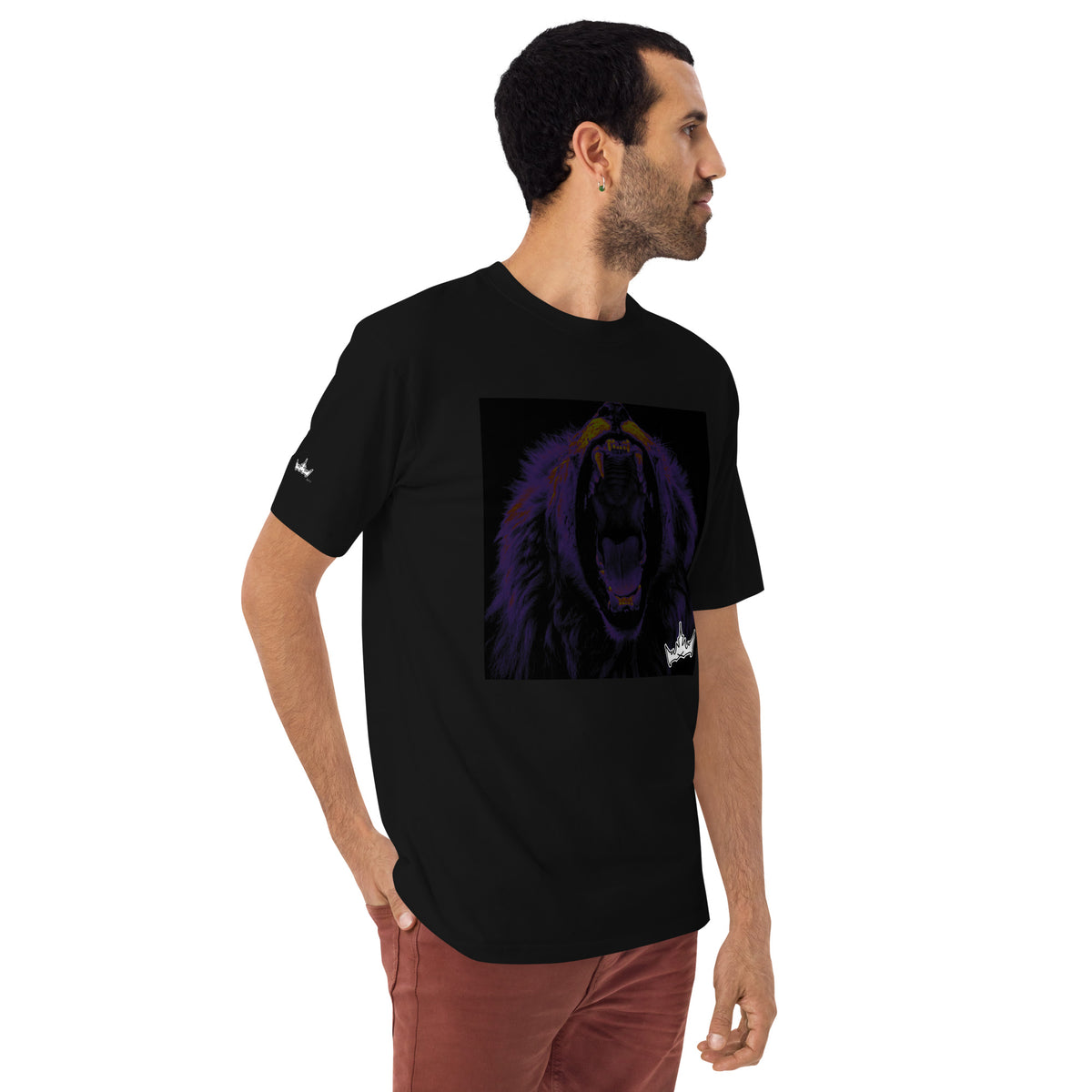 “FIRE” & CROWN™ box logo & design print [men’s premium heavyweight tee] — Right-front view