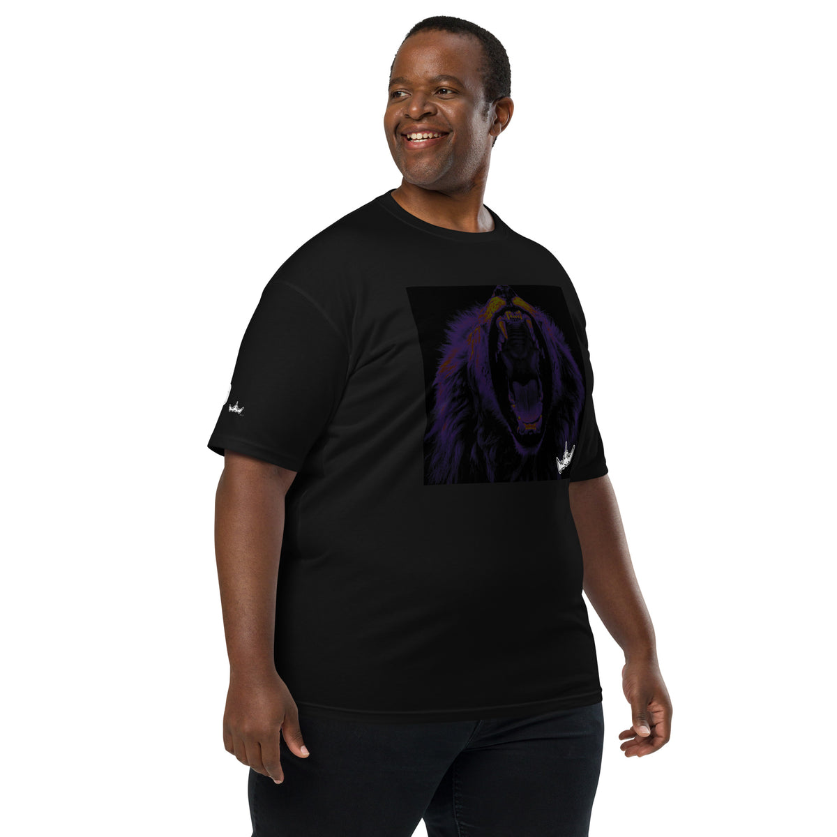“FIRE” & CROWN™ box logo & design print [men’s premium heavyweight tee] — Right-front view