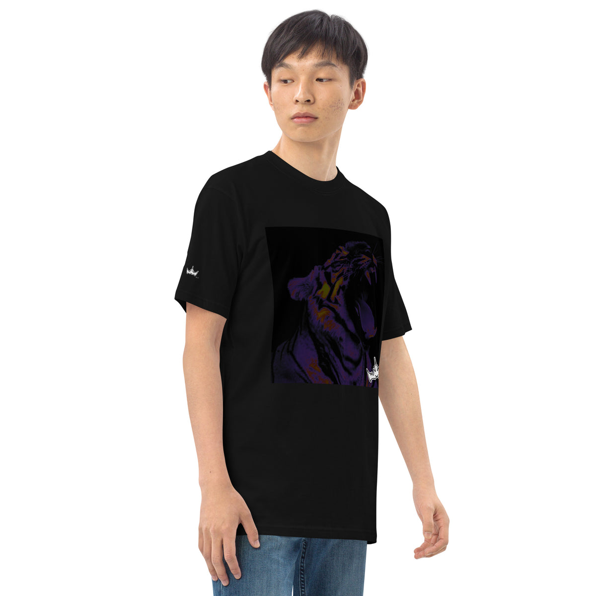 “POWER” & CROWN™ box logo & design print [men’s premium heavyweight tee] — Right-front view