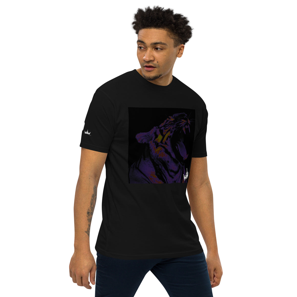 “POWER” & CROWN™ box logo & design print [men’s premium heavyweight tee] — Right-front view