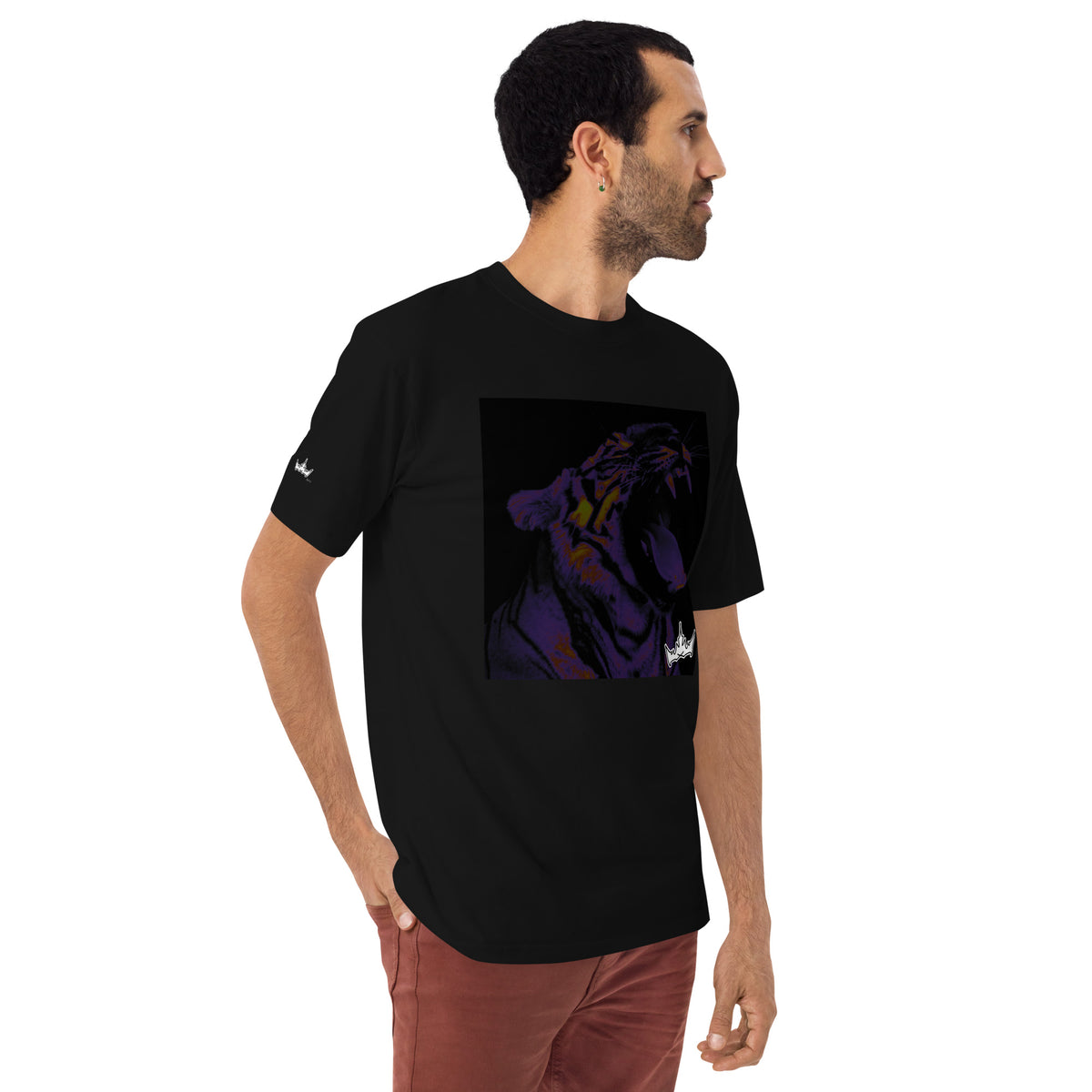 “POWER” & CROWN™ box logo & design print [men’s premium heavyweight tee] — Right-front view