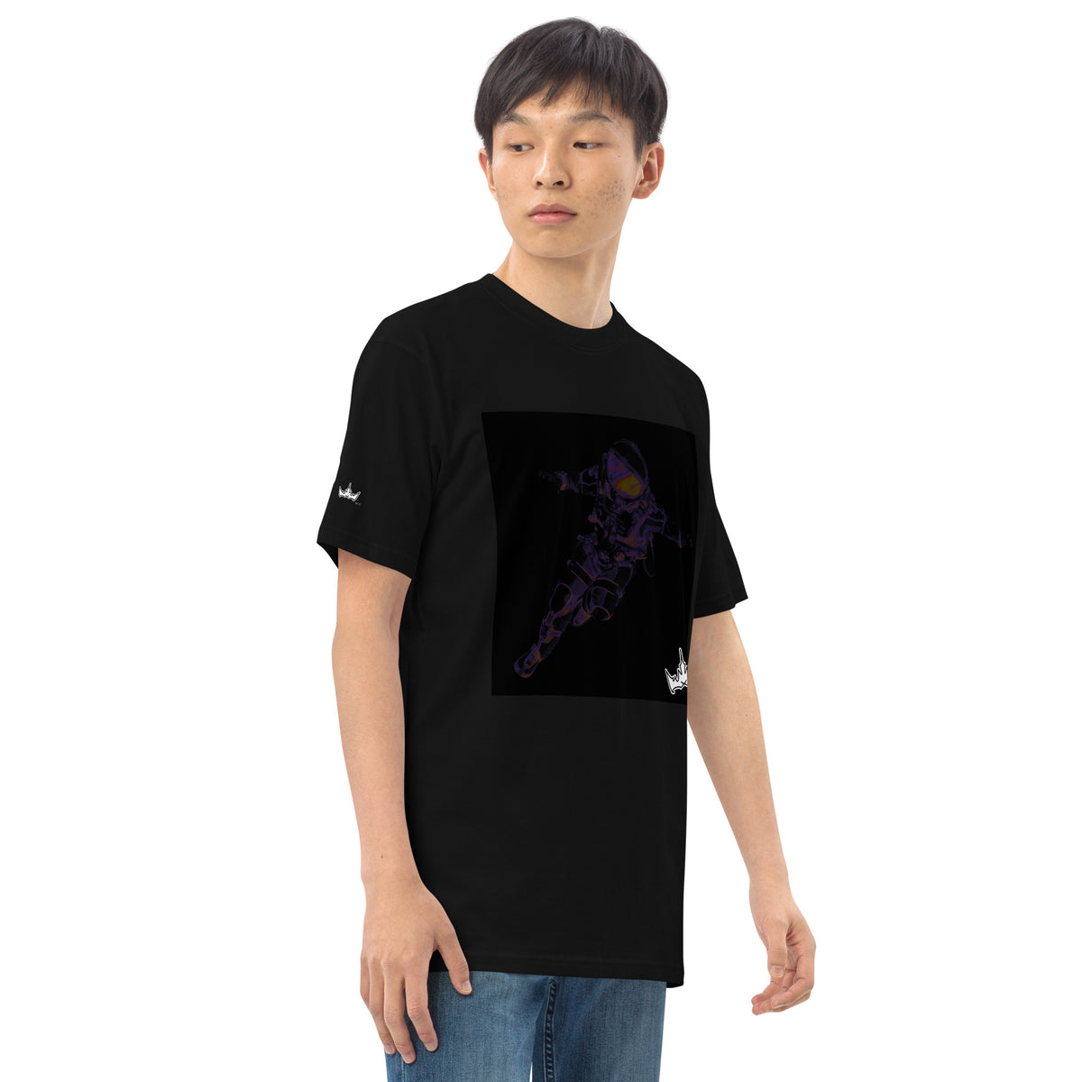 “INFINITE” & CROWN™ box logo & design print [men’s premium heavyweight tee] — Right-front view