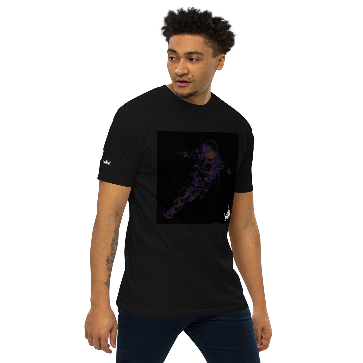 “INFINITE” & CROWN™ box logo & design print [men’s premium heavyweight tee] — Right-front view