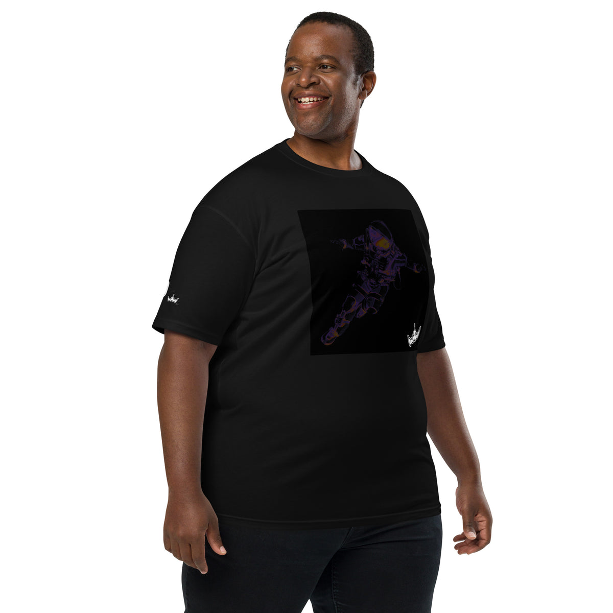 “INFINITE” & CROWN™ box logo & design print [men’s premium heavyweight tee] — Right-front view